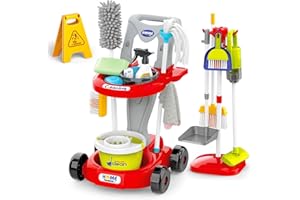 deAO Carrito Limpieza Juguete con Aspiradora con Succión, Trapo, Atomizador, Limpiador, Cepillo, Recogedor, Escoba, Cartel, Cubo, Fregona, Juguetes para el Hogar para Niños a Partir de 3 Años, Rojo