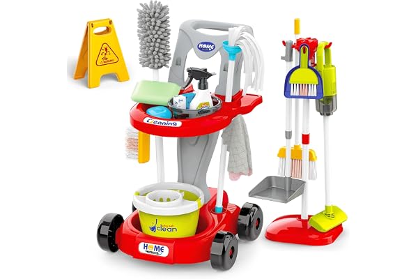 deAO Chariot de Nettoyage pour Enfant, Nombreux Accessoires, avec Serpillière, Seau, Balai, Aspirateur, Brosses, Pelle, Balai à Main, Kit Chariot de ménage, Jeu de Rôle Jouet Ménager de 3 Ans+, Rouge