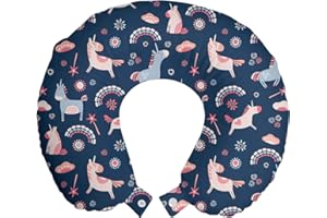 ‎ABAKUHAUS ABAKUHAUS Tier Reisekissen Nackenstütze, Einhörner und Regenbogen, Schaumstoff Reiseartikel für Flugzeug und Auto, 30x30 cm, Nachtblau Mehrfarbig