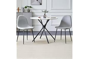 Hallowood Furniture Cullompton Small Table and Chairs Set 2, Round Table (90cm) with White Marble Effect Top & Grey Fabric Chairs with Black Legs, Dining Room Sets for Home & Café