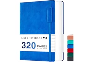 NIRMIRO Taccuino formato A5, copertina rigida, 320 pagine a righe, carta spessa 100 g/m², tasca interna, per scuola, lavoro, scrittura, blu, 14 x 21 cm