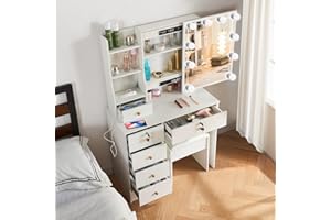 Guanglai Makeup Desk Set Power Strip and Storage Drawers, Vanity Table with Mirror and Light, 3 lighting Modes Adjustable Brightness for Women Bedroom