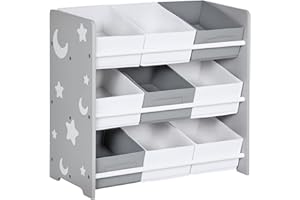 ZONEKIZ Kids Storage Unit Toy Box Organiser Bookshelf w/Nine Removable Baskets, for Bedroom, Nursery, Playroom - Grey