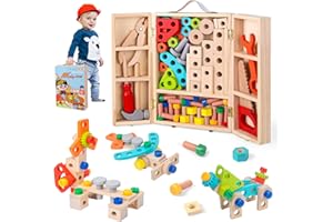 Wdmiya Wooden Toys Kids Tools Set for 2 3 4 5 Years Old Boys Girls Montessori Toys Wooden Tools Box, Toddlers Construction Toys 65 PCS Tool Kit Pretend Play Educational Toy, Kids Birthday Gifts