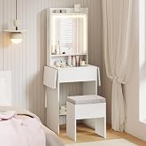 GIANTEX Compact Dressing Table with Padded Stool, Makeup Table with 3 Modes Luminous Mirror, Drawer, Shelf, Hooks and Sockets