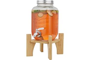 Hiziwimi 4L Getränkespender mit Ständer, Getränkespender aus Glas mit Zapfhahn aus massivem Edelstahl (4L-Glas mit Ständer aus Bambus)