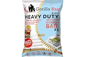 ZIPPIT HEAVY DUTY 5 VACUUM STORAGE BAGS by Gorilla Bags, Extra Large 100x80cm. Extra Strong 110 Microns. Double Zip Seal & Unique Turbo Valve Keeps Items Compressed For Longer.
