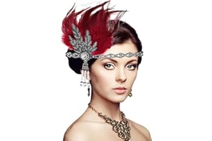 XIEXIESHER 1920s Kopfschmuck, Federschmuck Haare, Federboa Rot mit Haare Katzenaugen-Diamant für Halloween Karneval Party Hochzeit Tee-Party Dekoration Accessoire für Great Gatsby Damen