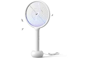 VEGREM Raqueta Mosquitos Electrica, 4000V, 2-en-1 Matamoscas Electrico, Lámpara Atrapa Mosquitos, Base de Carga USB, 1200mAh Batería Recargable, Luz LED, Malla Protectora de 3 Capas, Blanco