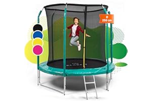Klarfit Cama Elastica Niños con Red de Protección 8ft, Camas Elasticas Exterior con Cubierta para Lluvia, Escalera, Trampolín con Colchoneta Protección UV, Trampolín Juegos Niños Jardín, 250 cm