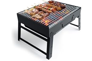 KIZMYEE BBQ Barbecue Grill, Portable Folding Charcoal Barbecue Desk Tabletop Outdoor Stainless Steel Smoker BBQ for Picnic Garden Terrace Camping Travel 15.35''x11.41''x2.95'' (Black)