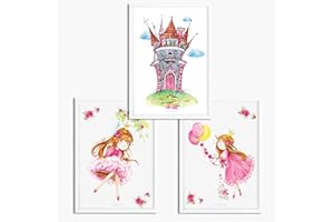 Sunnywall® 3er Set Poster Kinderzimmer - A4 Bilder Babyzimmer Kinderposter | OHNE Bilderrahmen | - Deko Mädchen Junge | Prinzessin rosa Schloss pink