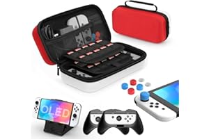 HEYSTOP Case Compatible with Nintendo Switch 11 in 1 Nintendo Switch Carry Case Come with 2 Grips, Adjustable PlayStand Tempered Glass Screen Protector with 6 Thumb Grip Caps Red/White