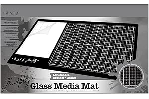 Tonic Studios Tim Holtz Bastelunterlage Glas - Glass Media Mat 35,6 x 58,4 cm – Linkshändig – Inkl. Silikonmatte mit Raster & Mischpalette – Hitzebeständig, Feuchtigkeitsresistent & Rutschfest