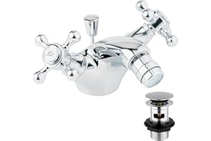 Deva TUD114 Tudor Bidet Mixer Tap in Chrome-with Pop Up Waste-Dual Cross Handle-Hot & Cold Victorian Era Deck Mounted Bathroom Basin Single Hole Silver Faucet-12 Year Warranty