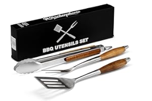 Räucherphorie Premium Grillbesteck - Robustes 3-teiliges Grill-Set aus rostfreiem Edelstahl - Grillzange, Fleischgabel, Grillwender