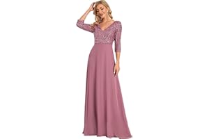 Ever-Pretty Abito da Cerimonia Elegante Manica Lunga Scollo a V con Paillettes Linea ad A Chiffon Donna 00751