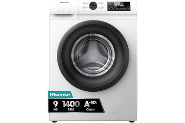 Hisense WF1Q9041BW - Lavadora, Class A, 9Kg, 1400 rpm, Alto 84.5cm x Ancho 59.5cm, Color Blanco, Función Vapor 99,9%, Lavado Rápido+, Lavado Automático, Finalización Diferida, Tecnología Inverter