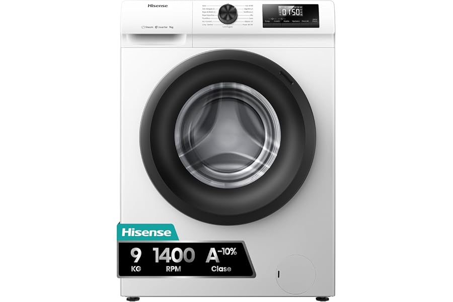Hisense WF1Q9041BW - Lavadora, Class A, 9Kg, 1400 rpm, Alto 84.5cm x Ancho 59.5cm, Color Blanco, Función Vapor 99,9%, Lavado 