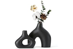CEMABT Black Ceramic Vase Set of 2 for Modern Minimalist Bohemian Decor，Round Matte Donut Vases for Pampas Grass-Perfect for Living Room, Dining Table, Office Bedroom Shelf Decor Entryway, Console
