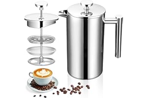 Druuzyl Cafetiere a Piston 1000ml French Press en Acier Inoxydable, Cafetière à Piston Camping en Acier Isotherme avec Triple Filtres, Double Isolée Français Café Filtre à Thé Manuel pour Camping