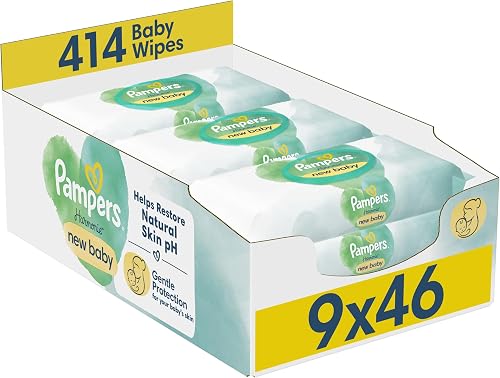 Pampers Harmonie New Baby Wipes Plastic Free 9 Packs of 46 Wipes, 414 Baby Wet Wipes, Help Restore Natural Skin pH