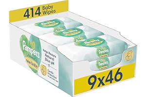 Pampers Harmonie New Baby Wipes Plastic Free 9 Packs of 46 Wipes, 414 Baby Wet Wipes, Help Restore Natural Skin pH