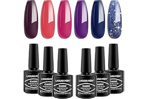 LagunaMoon Gel Nail Polish Set - 6 Colours Pink Purple Blue Black High-Shine Kit Nail Gel Polishes for Salon Quality DIY Manicure - UV LED Soak Off Lacquer Kit Varnish Manicure & Pedicure