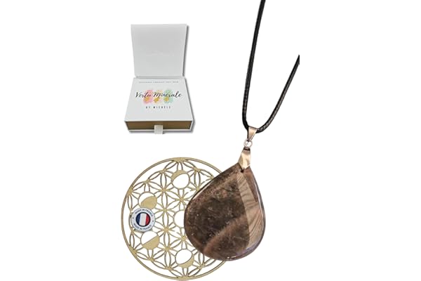 PENDENTIF PIERRE NATURELLE VERITABLE & Fleur de Vie Phases Lunaires en bois - Qualité Exceptionnelle - Création Française - Cadeau Femme, fille (Pierre de Lune Noire Naturelle, Forme Goutte)