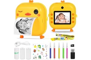 AURTEC Mini Instant Camera for Kids, 48MP Dual Camera, 1080P HD Video, 32G TF Card, 3 Print Paper, 2.4 Inch Color Screen, Cute Animal Cartoon Design, Duck