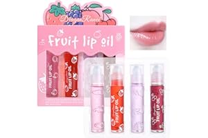KTOULER 4 Pcs Fruit Lip Oil Set Lip Gloss Crystal Jelly Liquid Lipstick, Set Moisturizing Hydrating Non-Stick cup Long Lasting Lip Kit for Women and Girls
