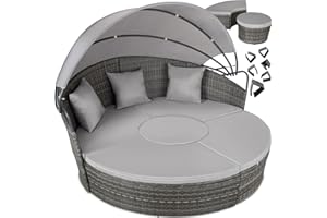 ‎TECTAKE tectake Sonneninsel, Gartenliege, Muschel Sonnenliege, Aluminium Polyrattan Lounge mit klappbarem Sonnendach, wasserabweisend, Relaxliege Outdoor inkl. Kissen & Auflagen, 180 x 171 x 138 cm - grau