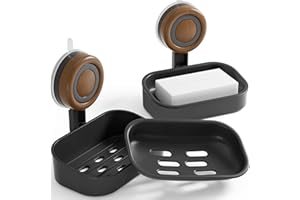 CINOLA Double Layer Soap Dish for Shower 2 Pack, Wall Mounted Bar Soap Holder Suction Cup 2 Layer Self Draining Soap Case Sponge Holder for Shower Bathroom, Tub and Kitchen Sink, Drill-Free Tray (Black)