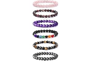 JeweBella 6 Pièces Bracelet Pierre Naturelle Bracelet Perle Homme Femme Quartz Rose Amethyste Noir Onyx Oeil de Tigre Bracelet Couples Stretch Bracelets Bijoux