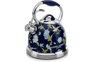 Laura Ashley Elveden Bleu Bouilloire Induction de 2,5 L par VQ - Bouilloire Sifflante à Ébullition Rapide pour Plaque à Gaz, Plaque à Induction ou Autres Cuisinières avec Mécanisme à Bouton-Poussoir
