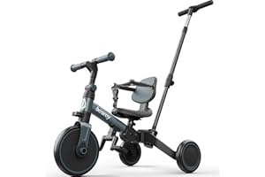 besrey Triciclo per Bambini 5 in 1, Bici senza Pedali per bambine e bambini da 1 a 3 anni, Triciclo con Maniglia di Spinta, Schienale e Cintura di Sicurezza, Grigio