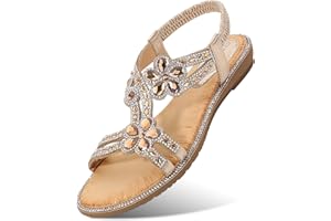 KUNWFNIX Summer Women's Flat Sandals Ladies Rhinestone Bohemian Walking Sandals Dress Shoes for Outdoor Beach Wedding