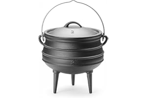 HENDI Pentola in ghisa, forno olandese sudafricano con 3 gambe, calderone delle streghe, con coperchio e manico, potjie, 6L, ø245x(H)280mm, nero