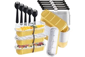 CHEPULA 30Set Mini Loaf Cake Cases 200ML,Mini Loaf Tins with Lids and Spoons Aluminum Foil Baking Pans, Reusable Aluminum Baking Cups for Wedding, Picnic or Birthday(Gold)
