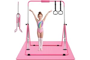 REBONIQUE Gymnastikstange Kinder mit Verstellbaren Höhen, Faltbare Reckstange Reckanlage mit Gymnastikmatte, Stangenpolster, 2 Ringen, Turnreck Indoor Outdoor, Horizontale Training Bar Trainingsgeräte