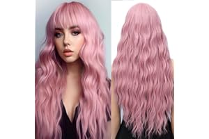 YEESHEDO Peluca Larga Rosado Ondulada Largo Ondas Naturales con flequillo Pelucas para mujer, Vida diaria Cosplay Fiestas Halloween Navidad Rosa Wig 28" (Rosado)