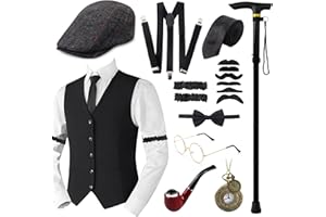 Idyllic 17PCS Ensemble Gatsby d'Accessoires pour Homme, 1920s de Gangster pour Hommeet de Cosplay d'Halloween,Déguisement des Années 20 avec Gilet Béret Chapeau Montre de Poche Bretelles Cravate