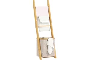 HOMCOM Estantería para Baño de Bambú, 2 en 1, Toallero de Pie con 3 Barras, Cesto para Ropa Sucia Extraíble de 48 L, para Dormitorio, Lavadero, Crema