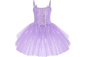 IWEMEK Robe Ballet Fille Tutu Danse Classique Sans Manches Bretelles Spaghetti avec Nœud Papillon Tulle Paillettes Plume Justaucorps Gymnastique Costume Ballerine Princesse Une Pièce 3-10 Ans