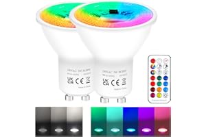 REYLAX Bombillas LED Colores GU10 de 5W, RGB Blanco Frío Regulable Bombilla con Mando a Distancia, Focos LED RGBW 12 Colore, AC 85-265V, Función de Memoria y Sincronización (paquete de 2)