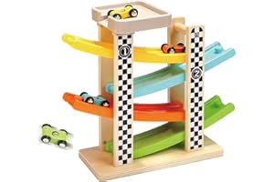 TOP BRIGHT Jouet Rampe de Voiture en Bois pour Garçon 2 Ans, Premier Cadeau pour Enfant 1 Ans 2 Ans,Jouet Rampe de Course de Bébé avec 4 Petites Voiture
