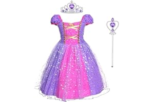M MUNCASO Robe de princesse Raiponce avec couronne et baguette magique - Pour fille - Costume de cosplay - Pour l'été - Déguisement de fête - Halloween (4-5 ans)