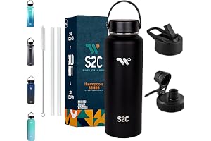 S2C 1200ml Stainless Steel Insulated Water Bottle - Keeps Drinks Cold 24H & Hot 12H, Leakproof, 3 Lids for Camping & Outdoor Adventures (BLACK)