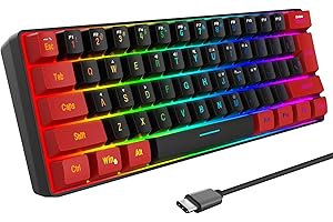 Snpurdiri Tastiera da gioco con cavo al 60%, sensazione meccanica, piccola tastiera mini gaming, tastiera RGB portatile compatta per PC, Mac, Office, Gaming (61 tasti, rosso-nero)