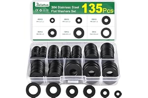 135 st. brickor, set svart, Bolatus rostfritt stål, brickor, sortiment 6 storlekar, karossskivor M4 M5 M6 M8 M10 M12, platta brickor rostfritt stål för skruvar och muttrar
